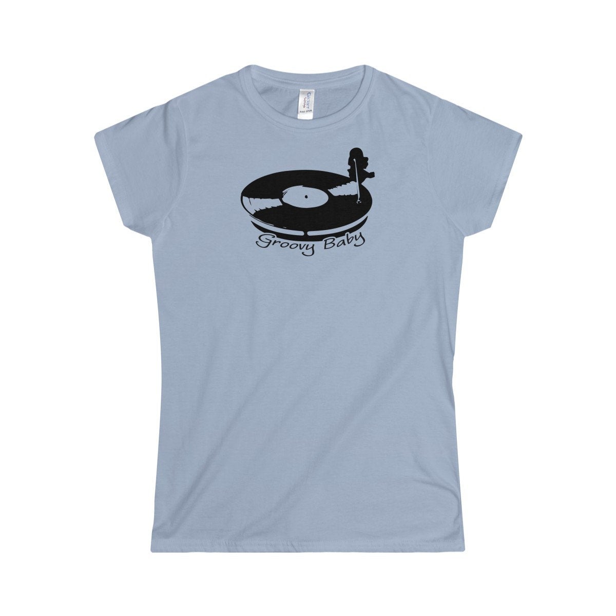 Record Player Turntable Top (Groovy Baby Black) Wax Disc DJ Funky Women's Softstyle Tee