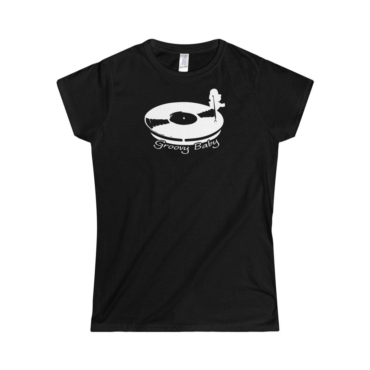 Record Player Turntable Top (Groovy Baby White) Wax Disc DJ Funky Women's Softstyle Tee