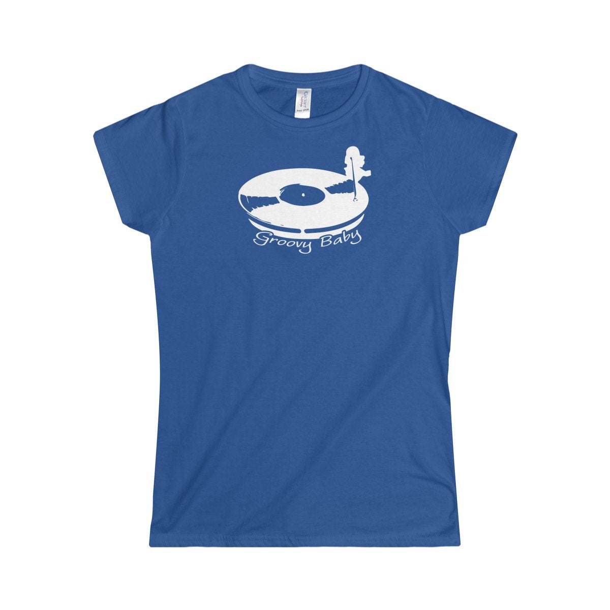 Record Player Turntable Top (Groovy Baby White) Wax Disc DJ Funky Women's Softstyle Tee