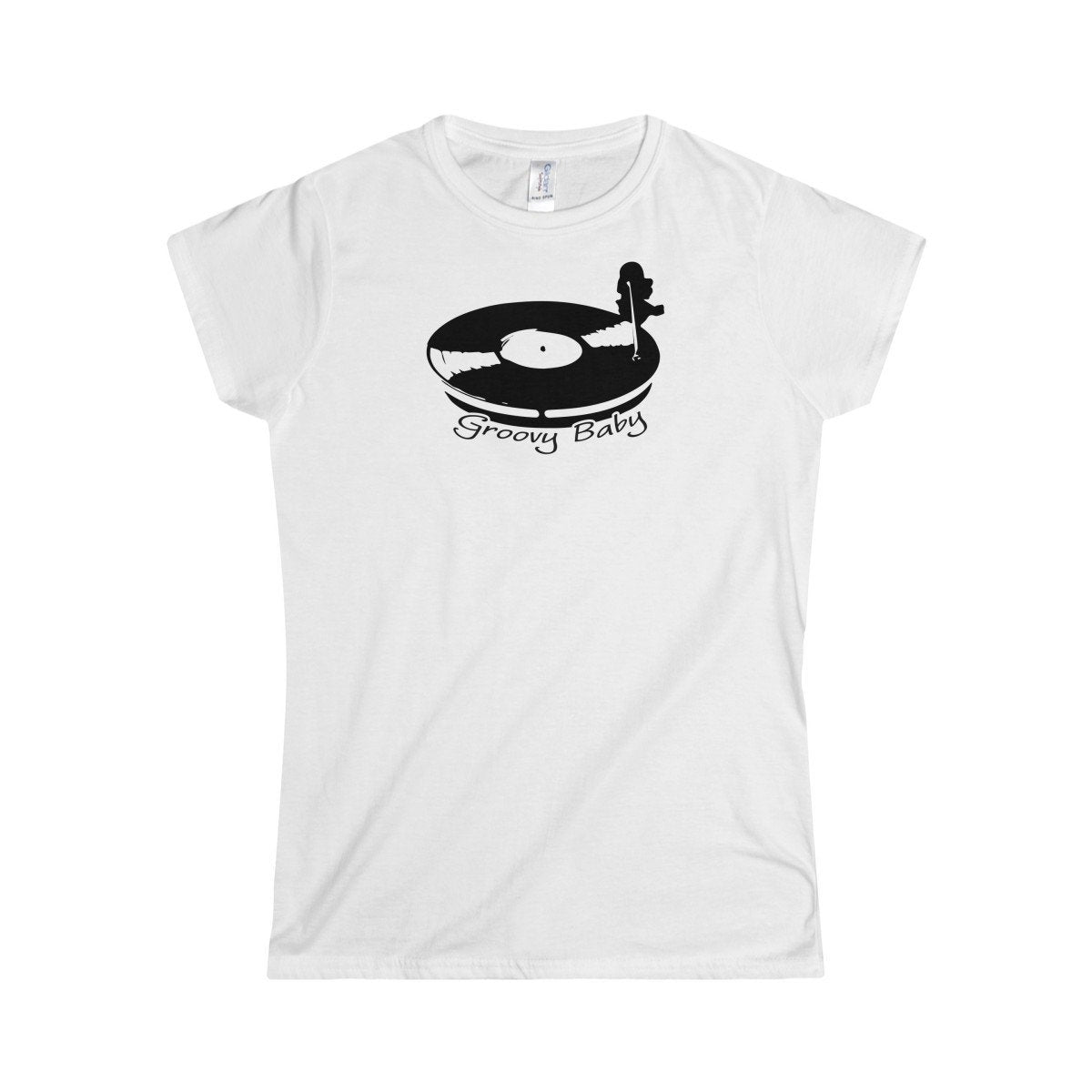 Record Player Turntable Top (Groovy Baby Black) Wax Disc DJ Funky Women's Softstyle Tee