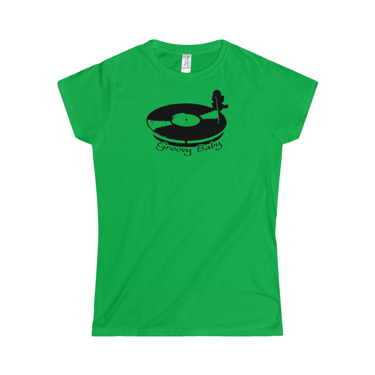 Record Player Turntable Top (Groovy Baby Black) Wax Disc DJ Funky Women's Softstyle Tee
