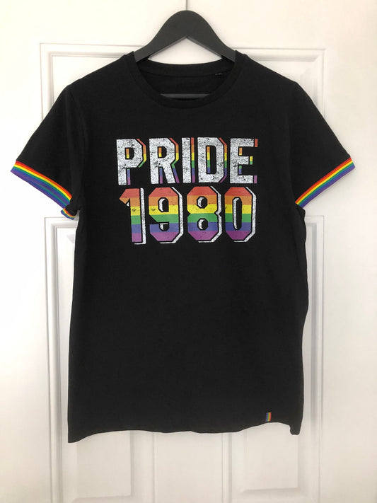 LGBTQ Gay Pride 1980 Birthday Year, Premium Unisex Rainbow Pride Stripe Sleeves and Stylish Hem Quirk