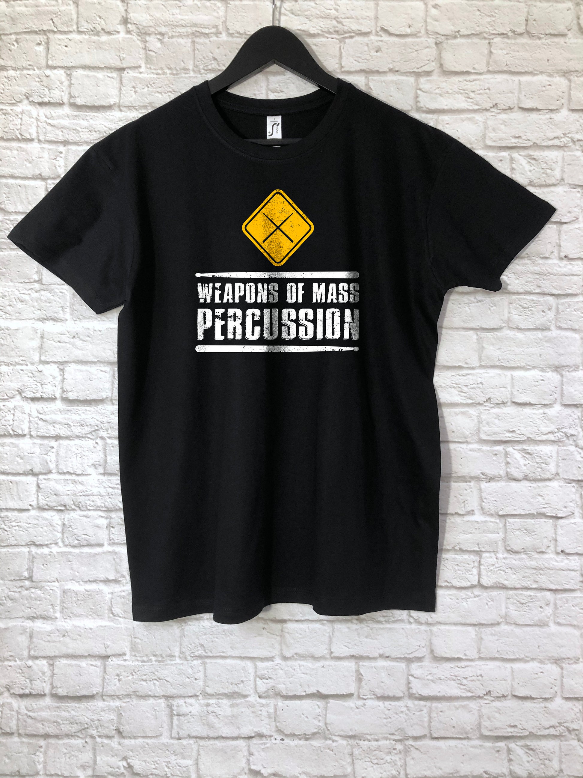 Funny Drummer Gift, Drum Player Present Idea, Weapons Of Mass Percussion Drum Sticks Warning Sign, Unisex Jersey Short Sleeve Tee