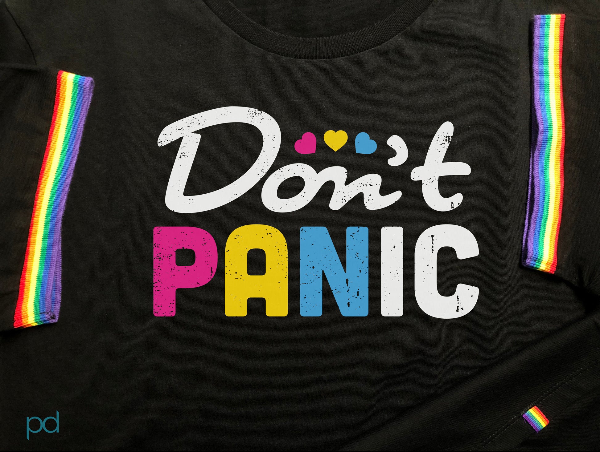 Don't Panic Rainbow T-Shirt, Pansexual Pan Pride Gift Idea, LGBTQ+ Pansexuality Support Graphic Print Design Tee Shirt Top