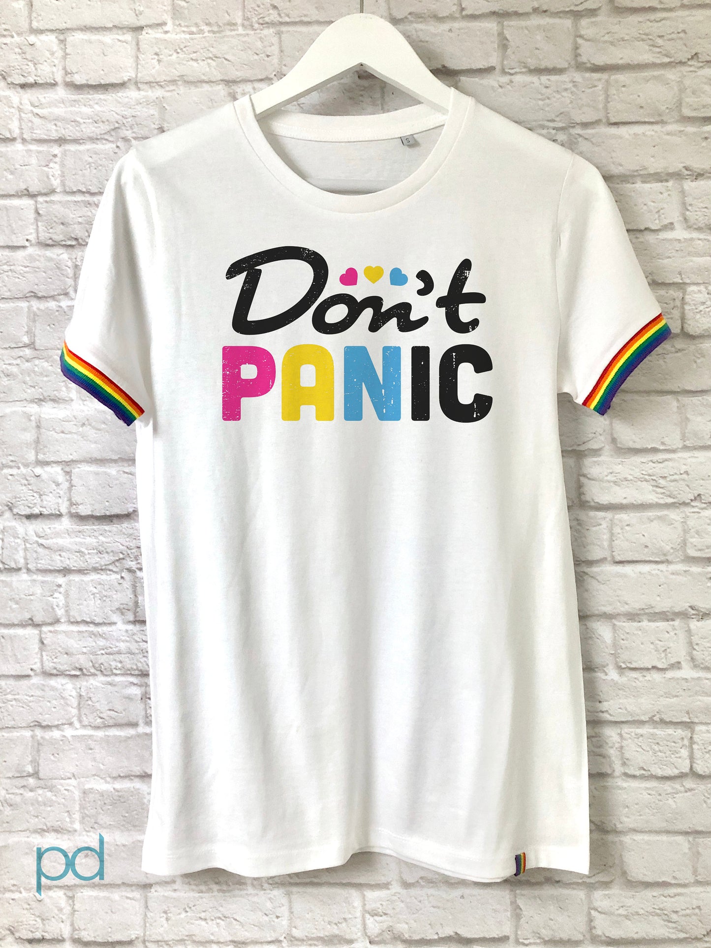 Don't Panic Rainbow T-Shirt, Pansexual Pan Pride Gift Idea, LGBTQ+ Pansexuality Support Graphic Print Design Tee Shirt Top