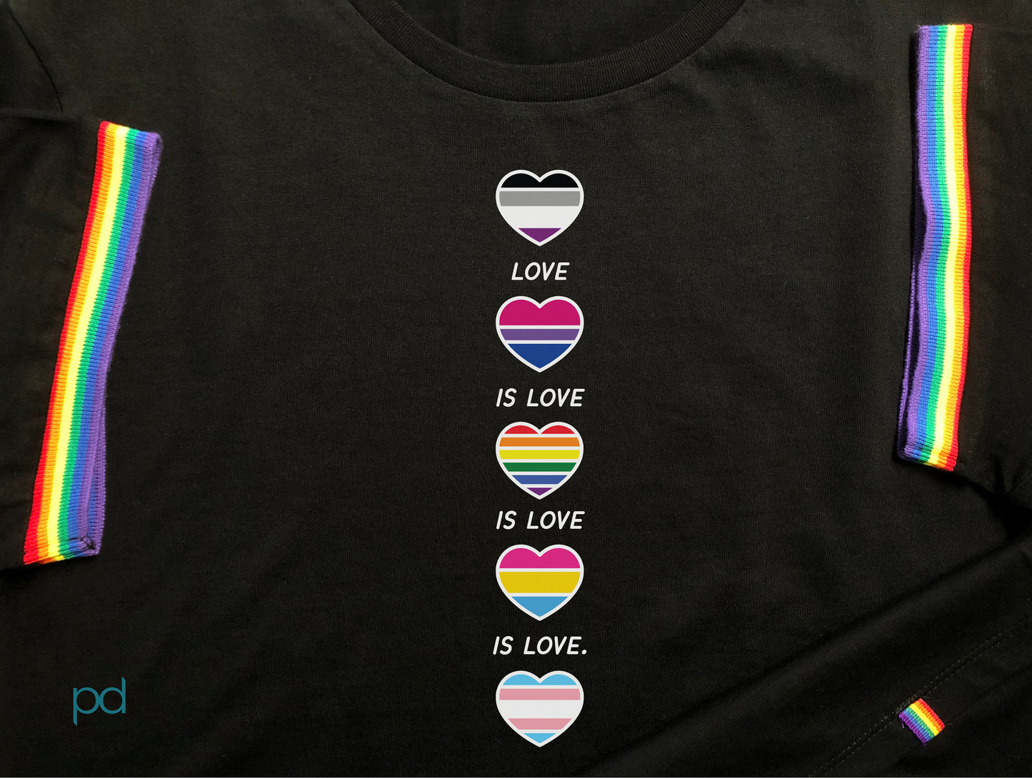 Pride Hearts Rainbow T-Shirt, Love Is Love Is Love Tee Shirt, Gay Pride Heart Gift Idea, LGBTQ+ Heart-shaped Flags Top
