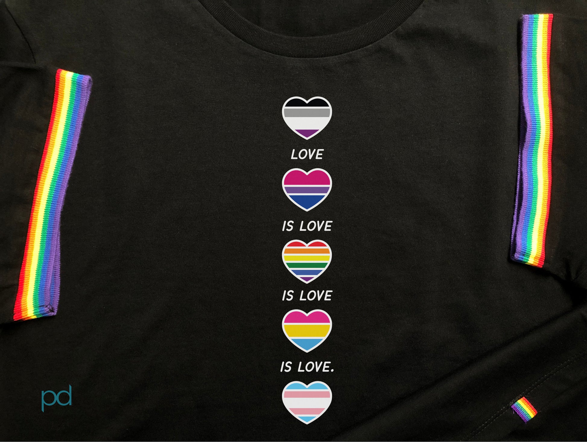 Pride Hearts Rainbow T-Shirt, Love Is Love Is Love Tee Shirt, Gay Pride Heart Gift Idea, LGBTQ+ Heart-shaped Flags Top