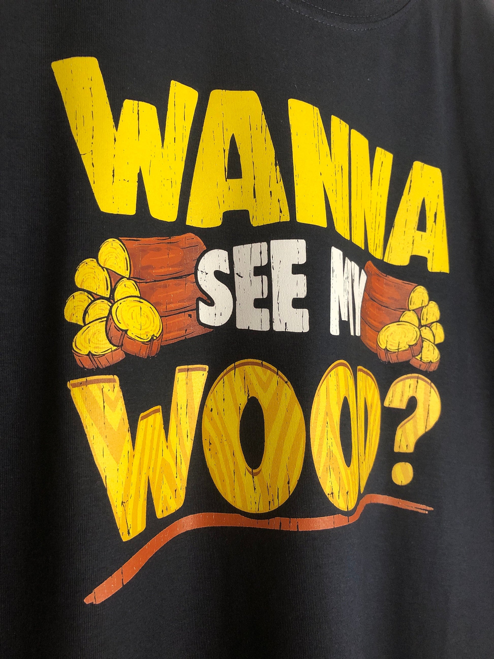 Funny Woodwork T-Shirt, Carpenter Gift Idea, Humorous Graphic Print Tee Shirt Top, Wanna See My Wood? Meme