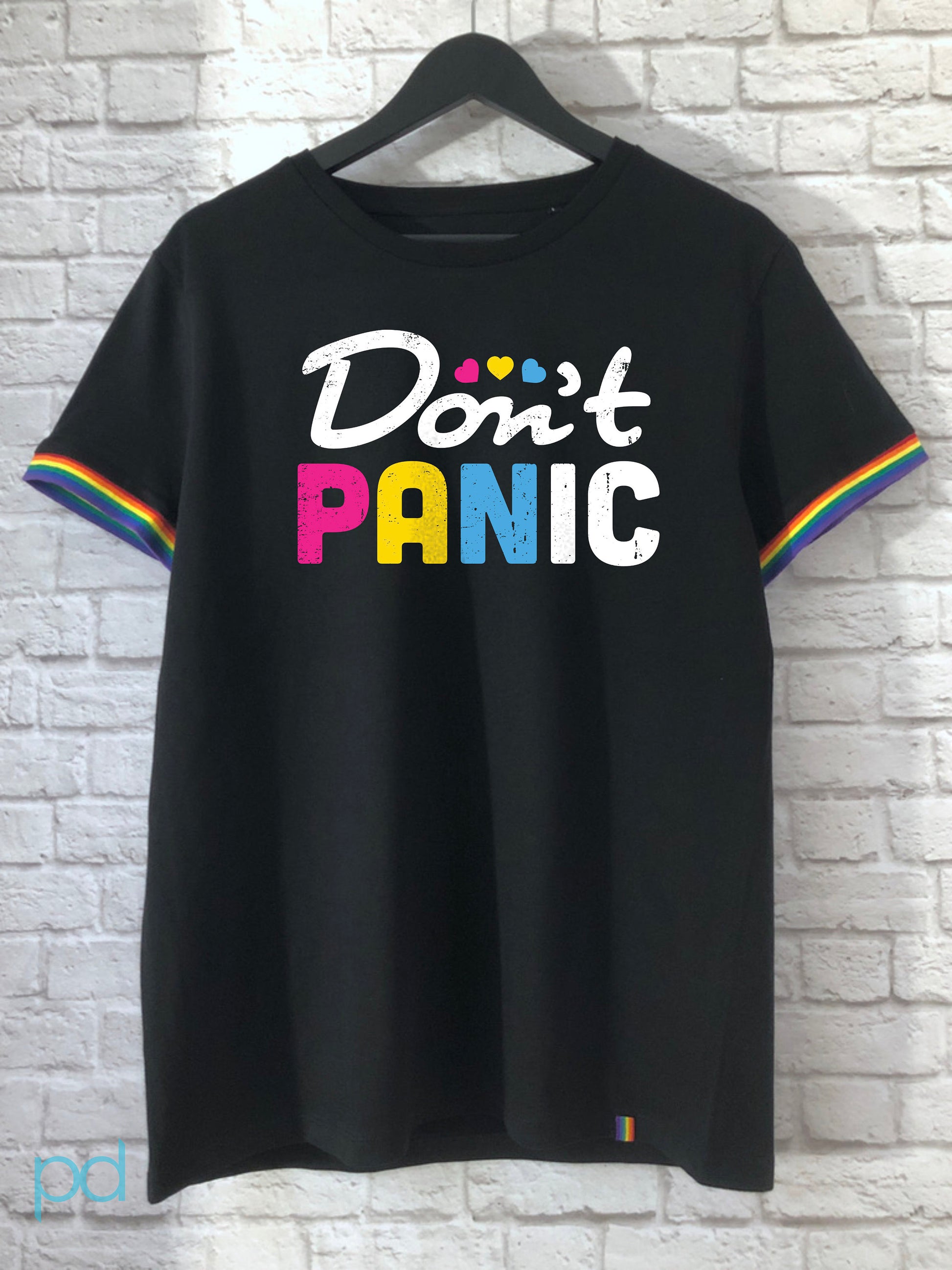 Don't Panic Rainbow T-Shirt, Pansexual Pan Pride Gift Idea, LGBTQ+ Pansexuality Support Graphic Print Design Tee Shirt Top