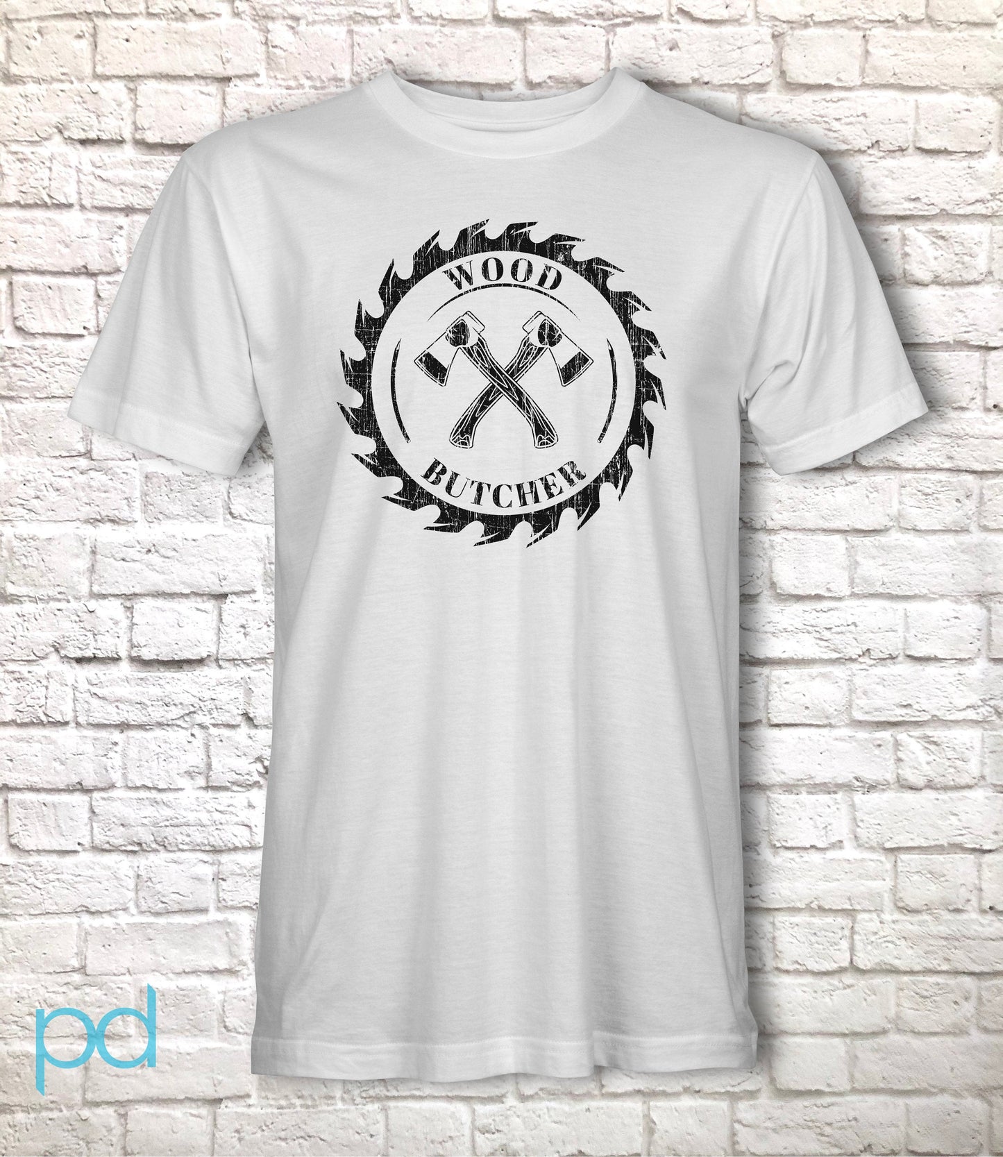 Funny Carpenter T-Shirt, Woodwork Gift Idea, Humorous Wood Butcher Graphic Print Tee Shirt Top Featuring Circular Saw Blade & Pair of Axes