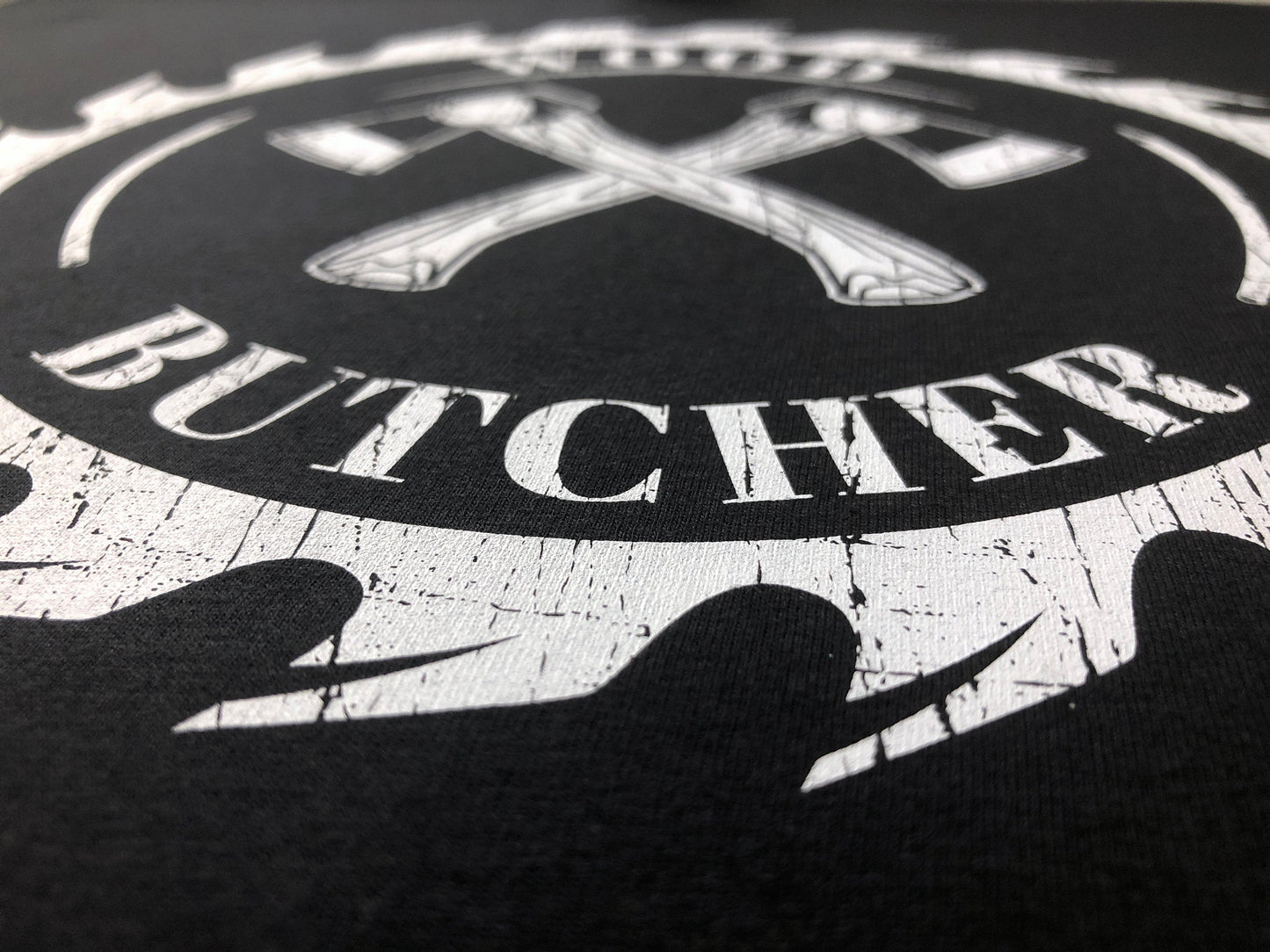 Funny Carpenter T-Shirt, Woodwork Gift Idea, Humorous Wood Butcher Graphic Print Tee Shirt Top Featuring Circular Saw Blade & Pair of Axes