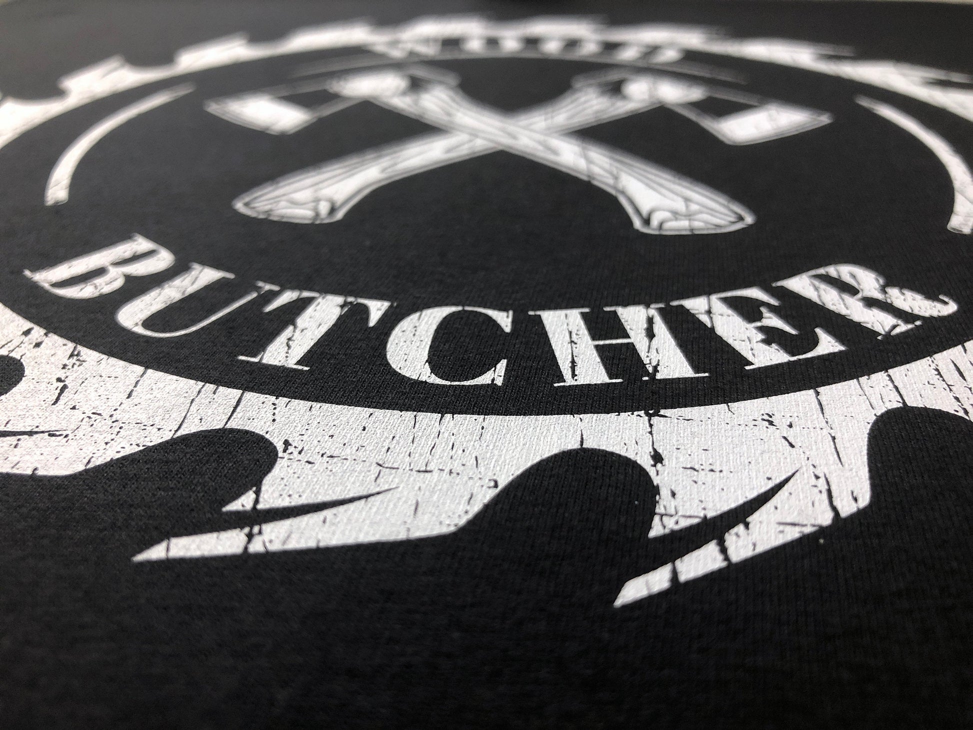 Funny Carpenter T-Shirt, Woodwork Gift Idea, Humorous Wood Butcher Graphic Print Tee Shirt Top Featuring Circular Saw Blade & Pair of Axes