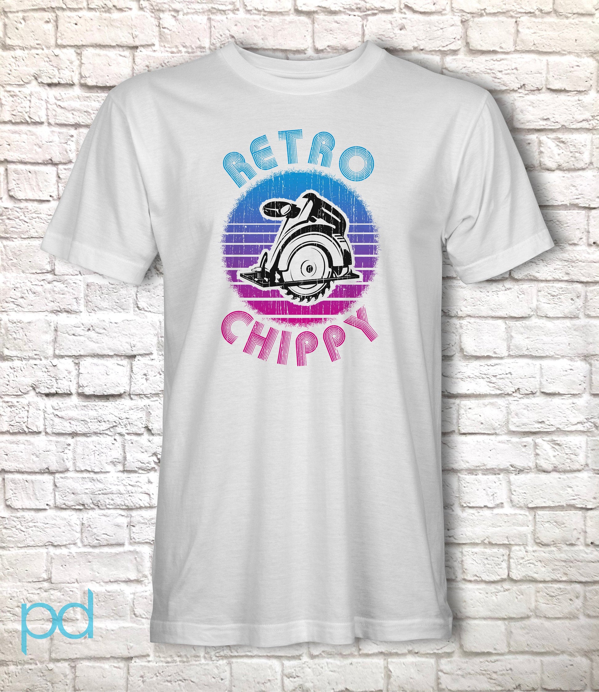 Funny Carpenter T-Shirt, 80s Neon Retro Chippy Gift Idea, Humorous Woodworking Joiner Tee Shirt T Top, Retro Sunset 80s Style