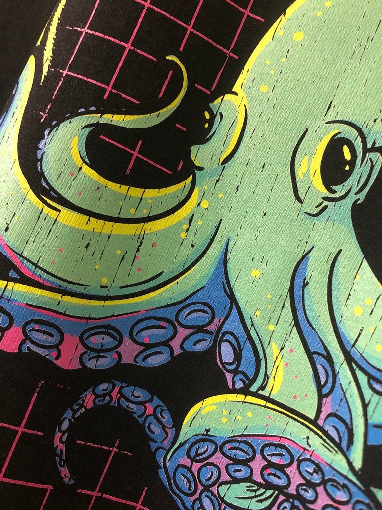Neon Octopus T-Shirt, Retro 80s Disco Gift Graphic Print Tee Shirt Top