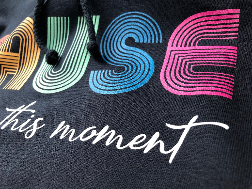 PAUSE Hoodie, Calm Reflection Birthday Gift Hooded Sweatshirt in Retro Vintage 70s style, Chill Relax Hoody Sweat Shirt Top For Men or Women