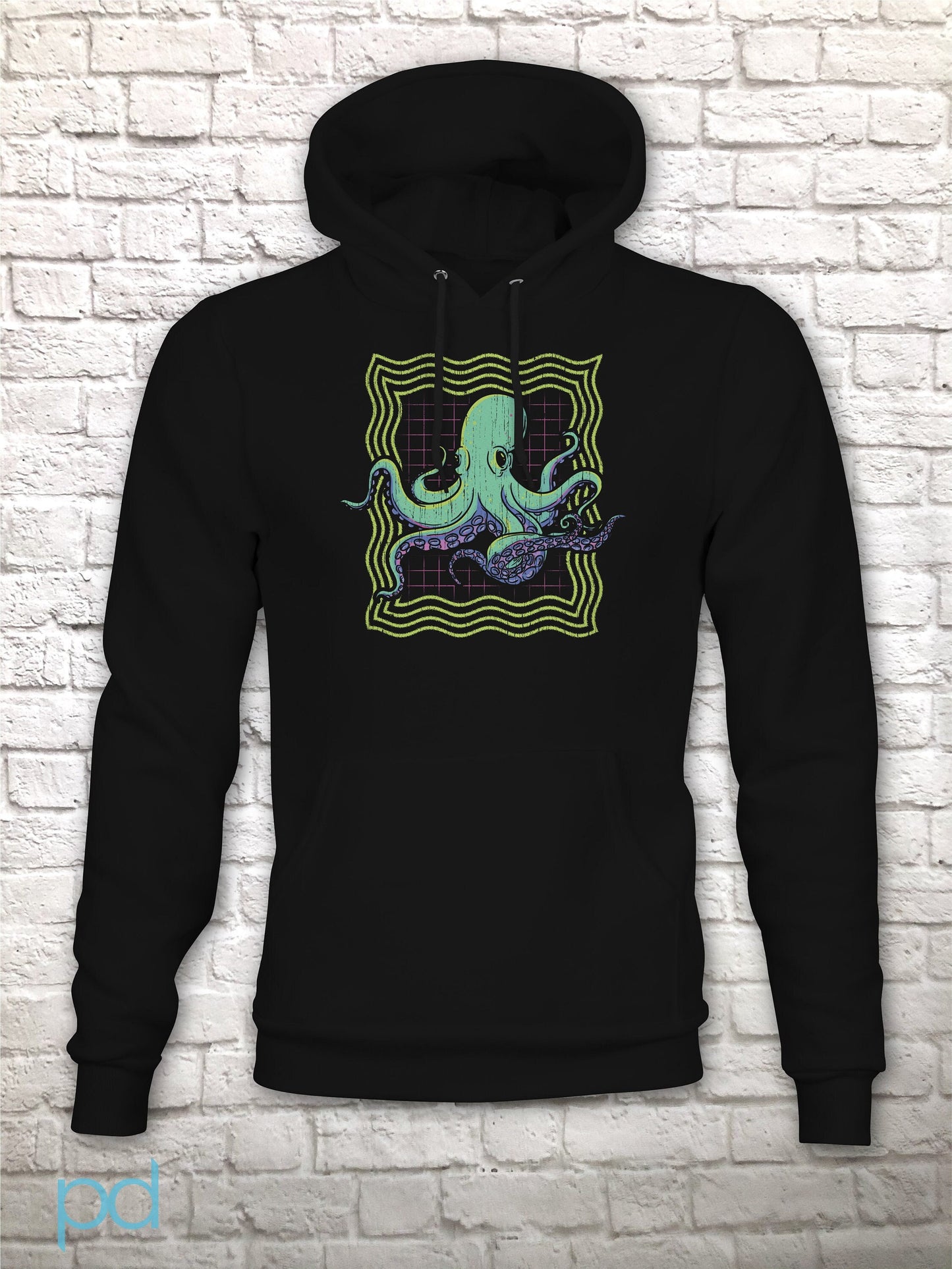 Neon Octopus Hoodie, Retro 80s Disco Gift Graphic Print Hooded Sweatshirt Top