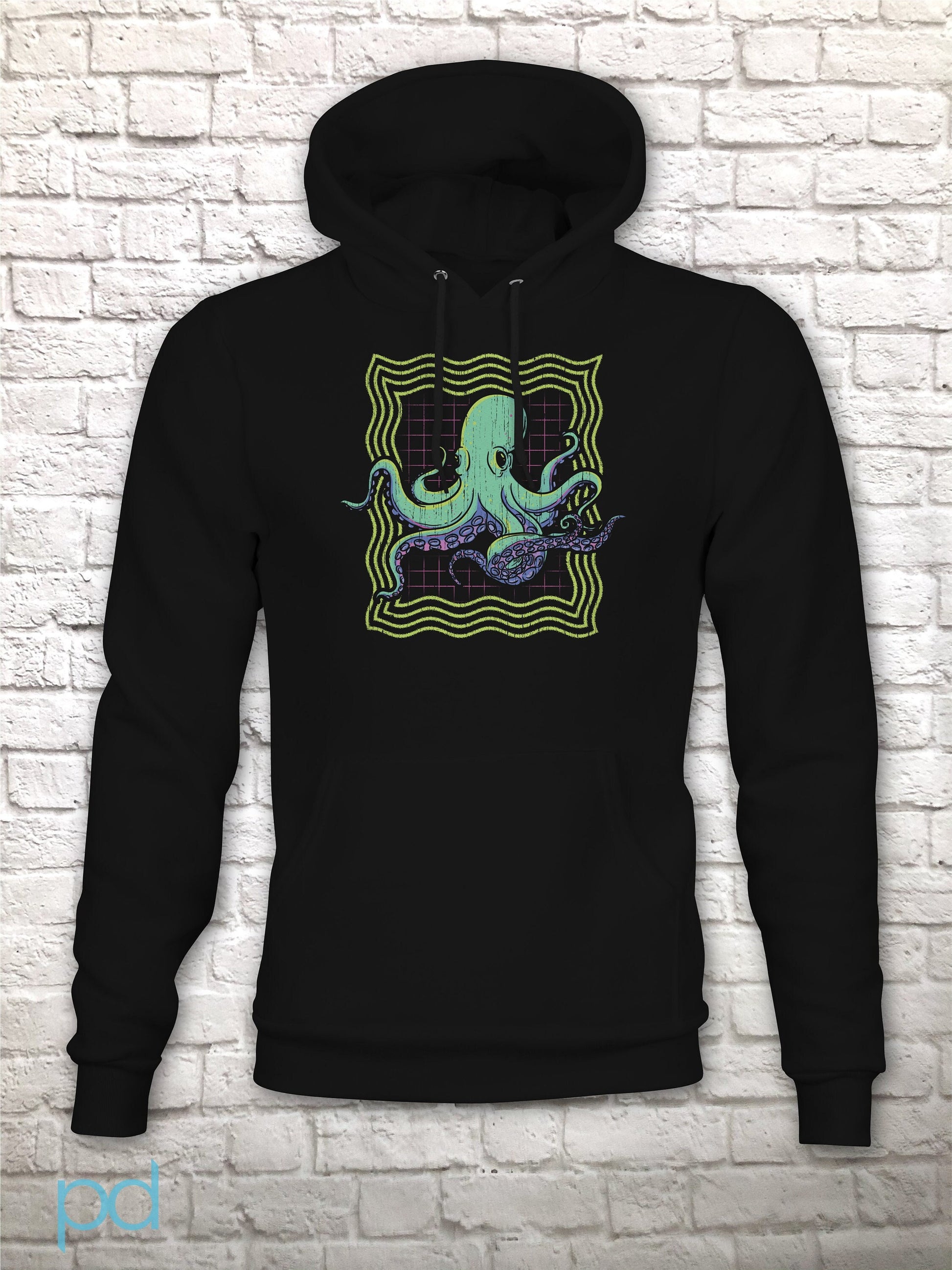 Neon Octopus Hoodie, Retro 80s Disco Gift Graphic Print Hooded Sweatshirt Top