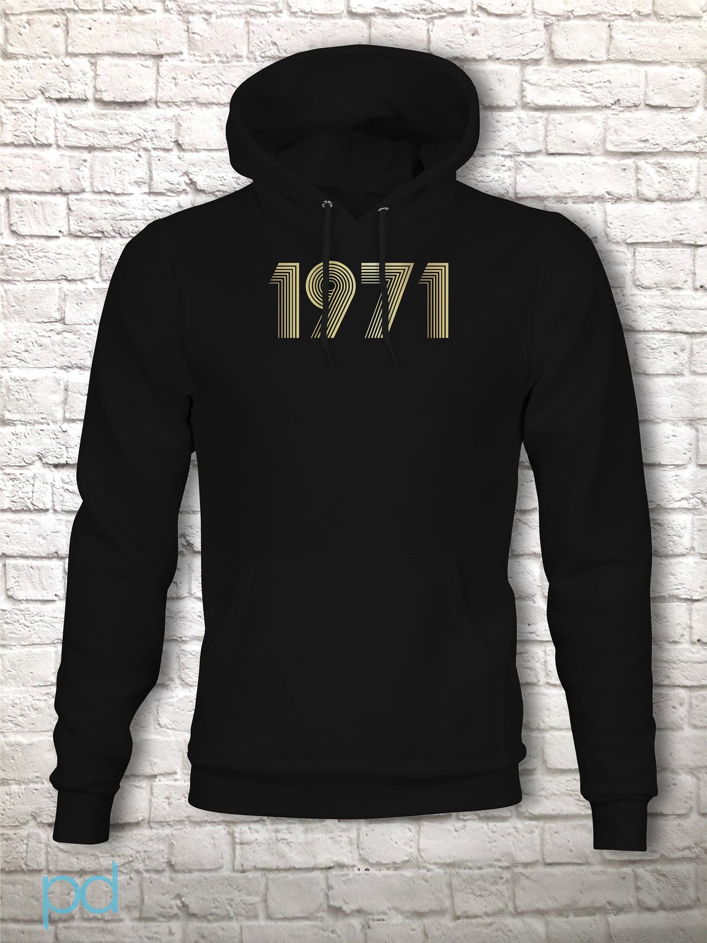 1971 Hoodie Metallic Gold or Silver Foil, 51st Birthday Gift Pullover Hoody in Retro & Vintage 70s style, Fiftieth Unisex Hooded Jumper Top