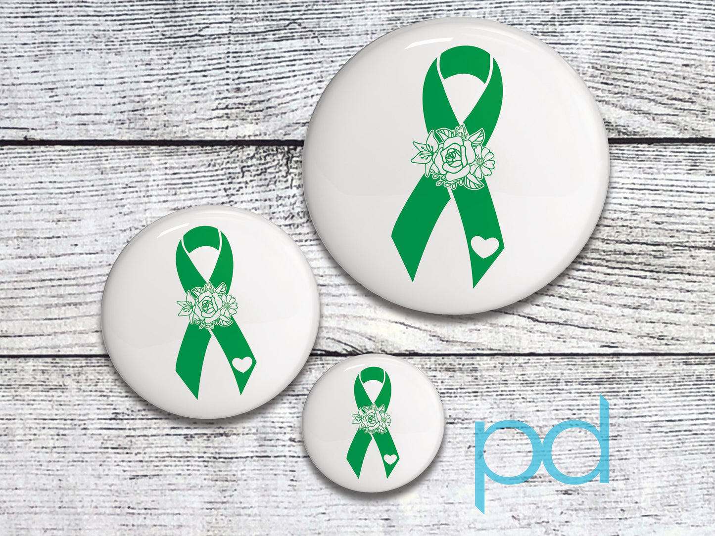 Mental Health Awareness Pin Badge, Green Awareness Ribbon & Heart Pin Back Button Badge
