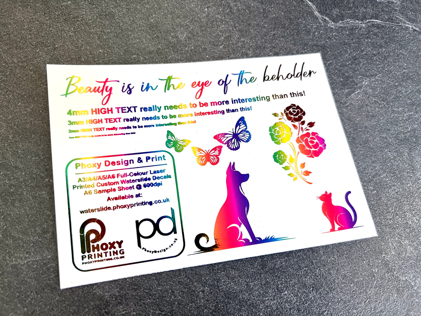 Sample Waterslide Decal Sheet for ANY Colour Surface