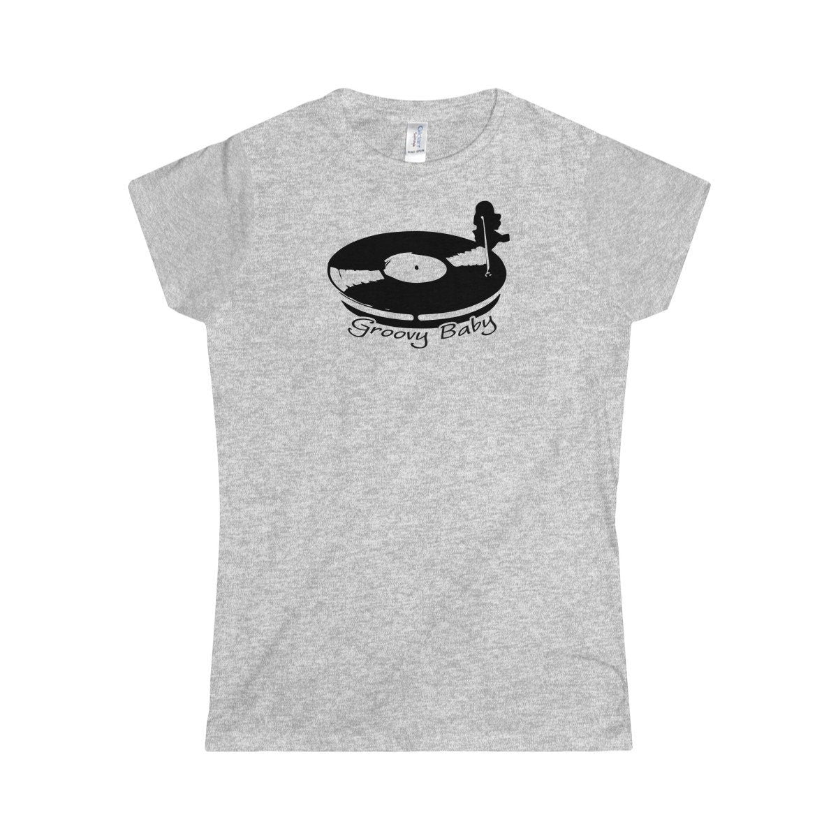 Record Player Turntable Top (Groovy Baby Black) Wax Disc DJ Funky Women&#39;s Softstyle Tee