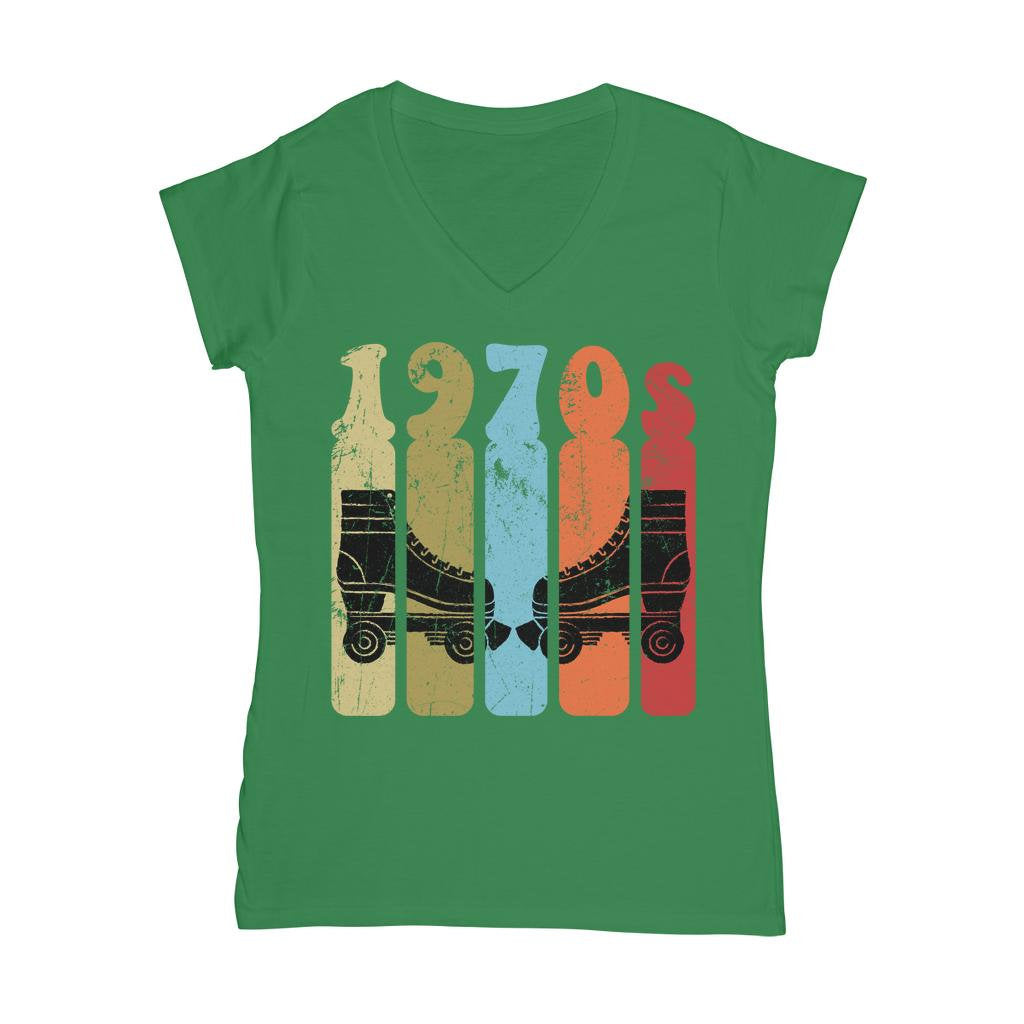 Roller Skates 70s Disco Derby Retro Vintage Worn  Classic Women&#39;s V-Neck T-Shirt