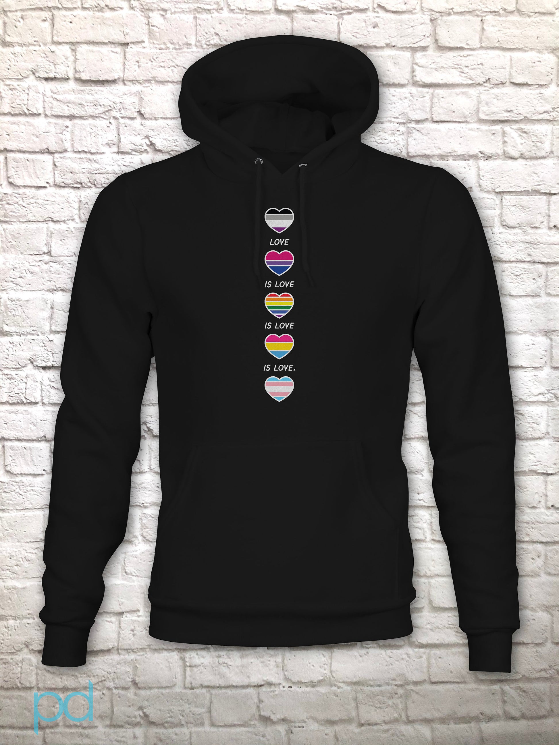 Love Is Love Is Love Hoodie, Gay Pride Hearts Gift Idea, LGBTQ+ Flags in Hearts Hooded Sweatshirt Hoody