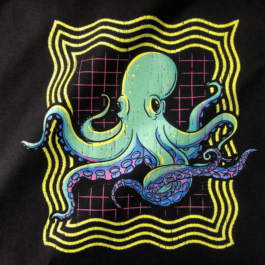 Neon Octopus Hoodie, Retro 80s Disco Gift Graphic Print Hooded Sweatshirt Top